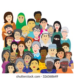 Vector illustration of a large group of people of different nationalities and ages on a white background