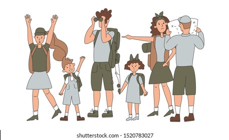 Vector illustration of a large group of tourists with children and backpacks looking for a path in unknown places. Problems of tourists in outdoor activities.