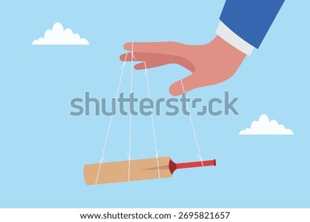 Vector illustration of a large hand controlling a cricket bat like a puppet with strings, representing match fixing, manipulation, and corruption in sports concept
