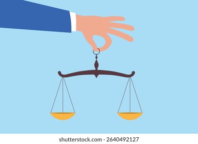 Vector illustration of a large hand holding a balance scale, symbolizing justice, fairness, responsibility, and the careful weighing of decisions and values in leadership
