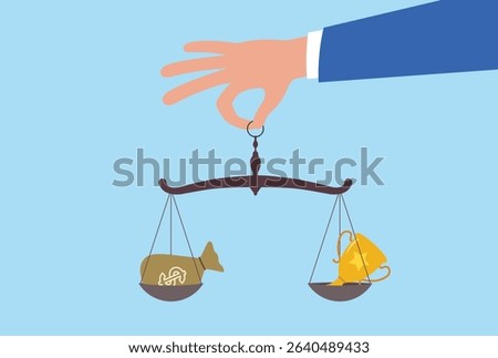 
Vector illustration of a large hand holding a balance scale weighing a trophy against a bag of money, representing the delicate balance between success, reward, and financial value
