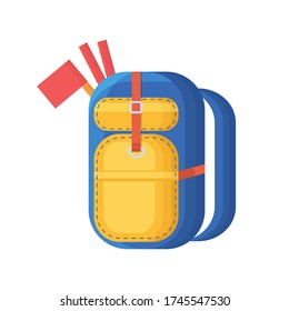 Ilustración vectorial de una gran mochila de senderismo en un estilo plano con 3 banderas rojas para arqueología. Icono para investigadores y diseño para el negocio de la organización de caminatas y camping.