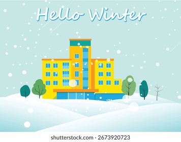 Ilustración vectorial de una Grande casa en la nieve en invierno.
