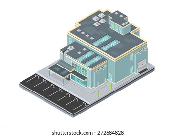 A vector illustration of a large industrial power station of facility.
Isometric Industrial building icon.
An isometric large industrial building.