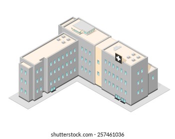 A vector illustration of a large isometric hospital building. Isometric hospital. Hospital building.