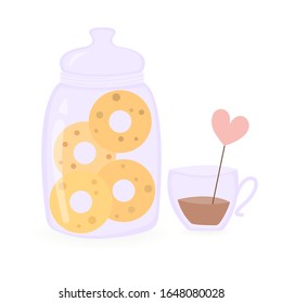 Vector illustration of a large jar of cookies with a cup of tea.