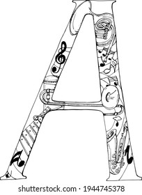 vector illustration large letter A with a pattern of musical instruments,saxophone,trumpet,french horn,xylophone and sheet music,coloring book