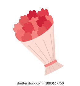 Vector illustration with a large lush bouquet of red flowers for a happy joyful holiday. Delicate red roses, tulips in craft packaging with a ribbon. Cute hand drawn sticker in kids cartoon style