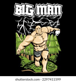vector illustration of a large man running with a skull. Recommendations for gym t-shirt designs.
