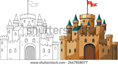 Vector illustration of a large medieval stone castle with multiple towers, arched gates, and flags, shown in both color and outline styles