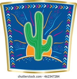 Vector illustration of large Mexican cactus on blue sky and blue Mexican desert background framed by patterns.
