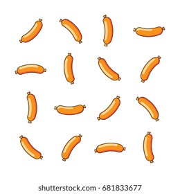 Vector illustration of a large number of orange fried sausages, rotated from different angles