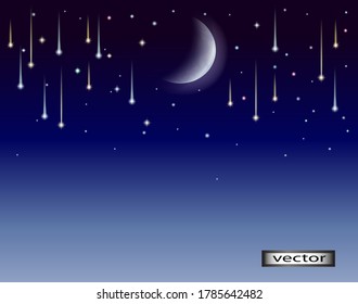 Vector illustration of a large number of stars falling from the sky night and moon