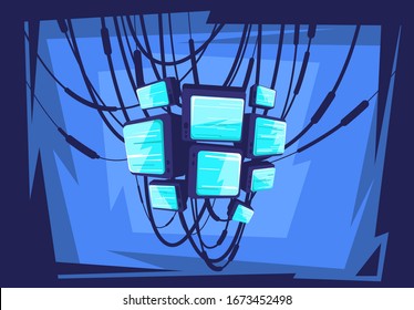 Vector illustration of a large number of TV sets hanging on power lines