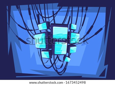 Vector illustration of a large number of TV sets hanging on power lines