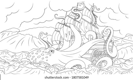 Vector illustration, Large octopus kraken attacks the ship, coloring book
