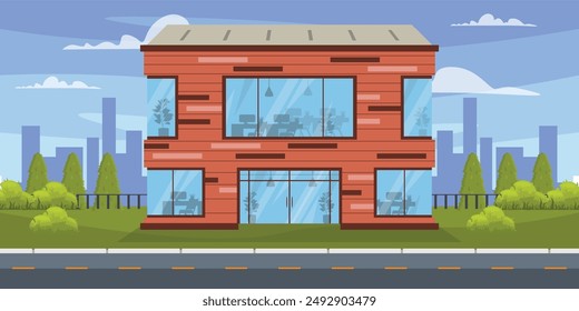 Vector illustration of a large office building.Cartoon scene of a beautiful modern office building with large glass windows, doors, tables with computers, chairs.Silhouettes of city buildings, bushes.