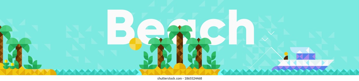 Vector illustration. Large panorama, beach scene, island, boat and fishing. Business illustration in modern style, mosaic, vector polygons.