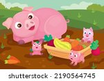 Vector illustration of large pig lies next to small piglets in the farm yard