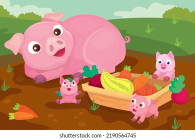 Vector illustration of large pig lies next to small piglets in the farm yard