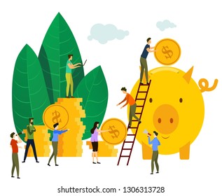 Vector illustration, a large piggy bank in the form of a piglet on a white background, financial services, small bankers are engaged in work, saving or accumulating money, a coin box with falling.