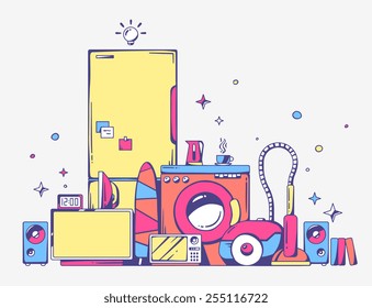 Vector illustration of large pile of bright household appliances standing on each other on light gray background. Color line art design for web, site, advertising, banner, poster, board and print.