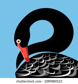 Vector illustration of a large portrait of a black Swan on a blue background