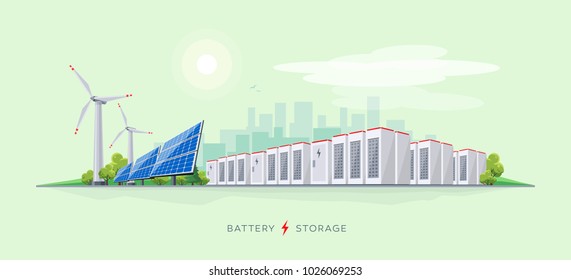 Vector Illustration Of Large Rechargeable Lithium-ion Battery Energy Storage Stationary And Renewable Electric Power Station With Solar Panels And Wind Turbines. Backup Power Energy Storage System.
