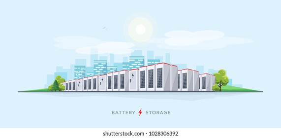 Vector illustration of large rechargeable lithium-ion battery energy storage stationary for renewable electric power stations. Backup power energy storage cloud server system.