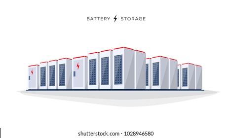 Vector illustration of large rechargeable lithium-ion battery energy storage stationary for renewable electric power stations. Backup power energy storage cloud server system on white background.