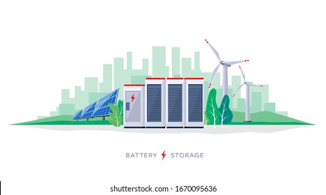Vector Illustration Of Large Rechargeable Lithium-ion Battery Energy Storage Station And Renewable Electric Power Station With Solar Panels And Wind Turbines. Backup Power Energy Storage System.