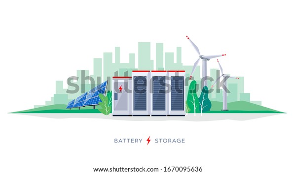 Vector illustration of large rechargeable lithium-ion battery energy storage station and renewable electric power station with solar panels and wind turbines. Backup power energy storage system.