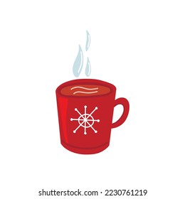 Vector illustration with a large red cup with a snowflake and hot chocolate, cocoa, sweet hot drink. Children's illustration in cartoon style.