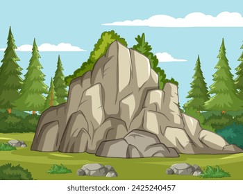 Vector illustration of a large rock formation in a forest