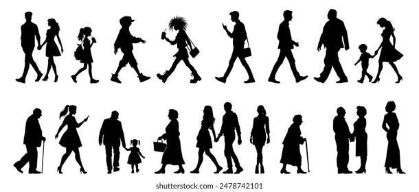 Vector illustration. Large set of black silhouettes of people. People are walking.
