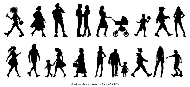 Vector illustration. Large set of black silhouettes of people. People are walking.
