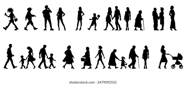 Vector illustration. Large set of black silhouettes of people. People are walking.