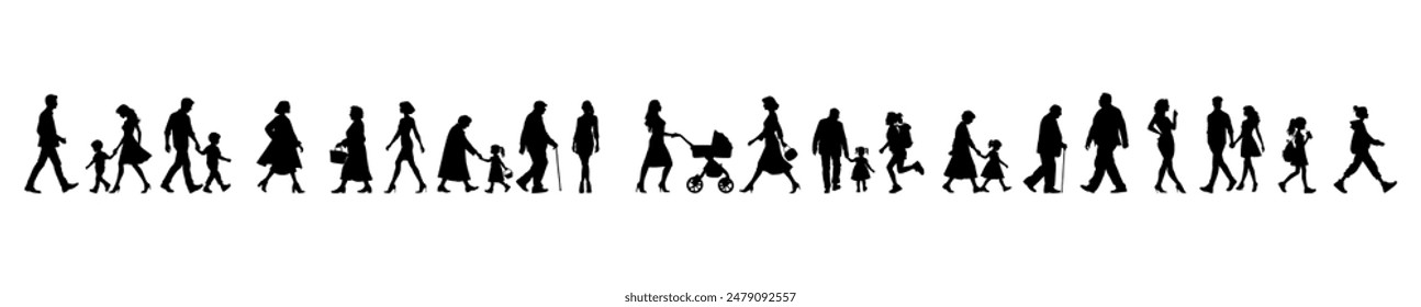 Vector illustration. Large set of black silhouettes of people. People are walking.