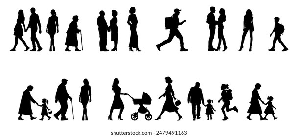 Vector illustration. Large set of black silhouettes of people. People are walking.