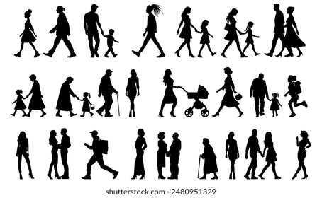 Vector illustration. Large set of black silhouettes of people. People are walking.
