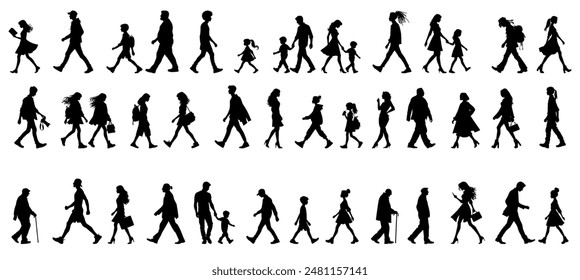 Vector illustration. Large set of black silhouettes of people. People are walking.
