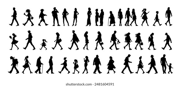 Vector illustration. Large set of black silhouettes of people. People are walking.
