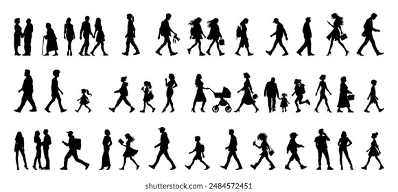 Vector illustration. Large set of black silhouettes of people. People are walking.

