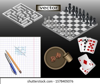 Vector illustration of a large set of Board games for entertainment and mental development, a collection of chess and cards, TIC TAC toe and others