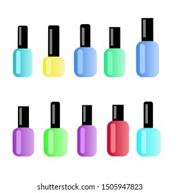 Vector illustration. A large set of bottles. Bottles with nail polish. Red, blue and purple, yellow, green.