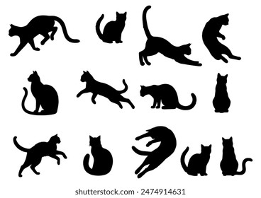 Vector illustration. Large set of cat silhouettes for printing. Sticker template.