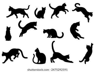 Vector illustration. Large set of cat silhouettes for printing. Sticker template.