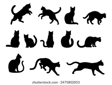 Vector illustration. Large set of cat silhouettes for printing. Sticker template.
