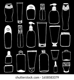 
 Ilustración vectorial. Grandes conjuntos de contenedores / tarros para cosméticos sobre un fondo negro aislado.
