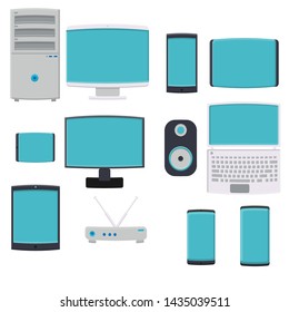 Vector illustration of a large set of flat icons of digital smartphone smartphones computers monitors laptop modems on a white background. Concept: computer digital technologies